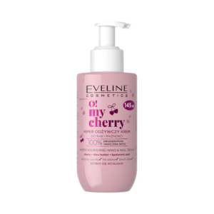 Eveline Cosmetics O! My Cherry Hyper Nourishing Hand and Nail Cream 145ml in a pink pump bottle with cherry extract, shea butter, and hyaluronic acid.