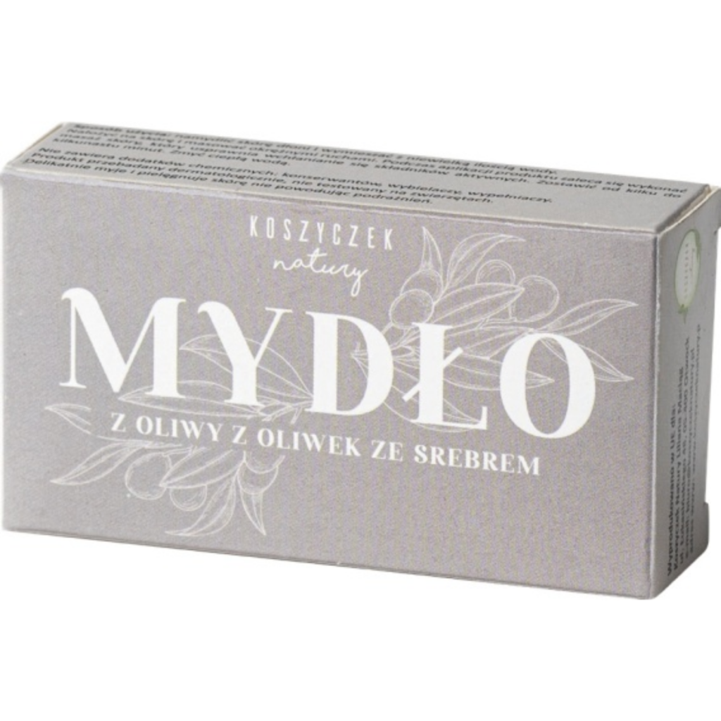 Koszyczek Natury olive oil soap with silver bar soap packaging featuring elegant silver-grey design and olive branch illustration.