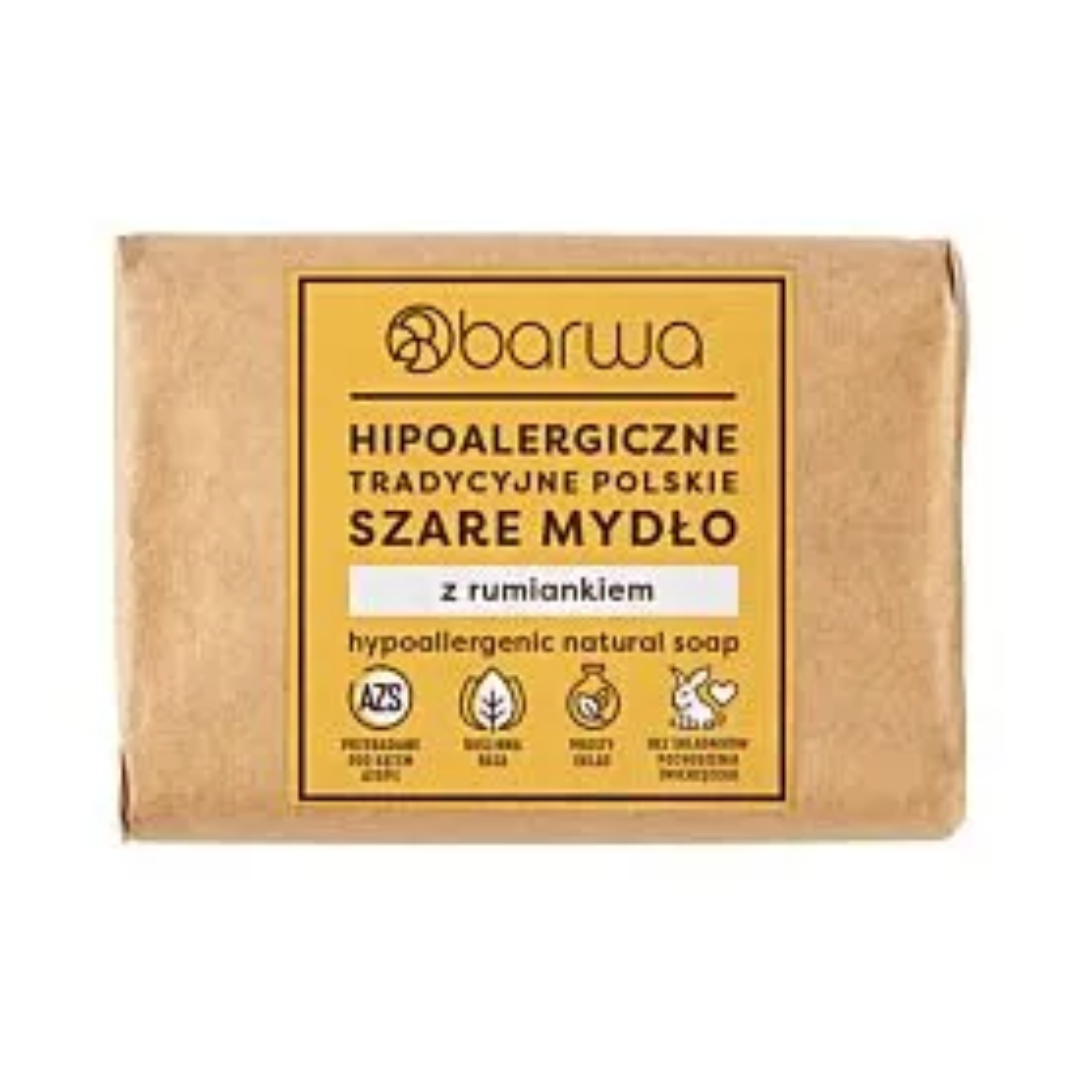 Barwa Hypoallergenic Traditional Polish Grey Soap with Chamomile 100g in eco-style kraft paper packaging.