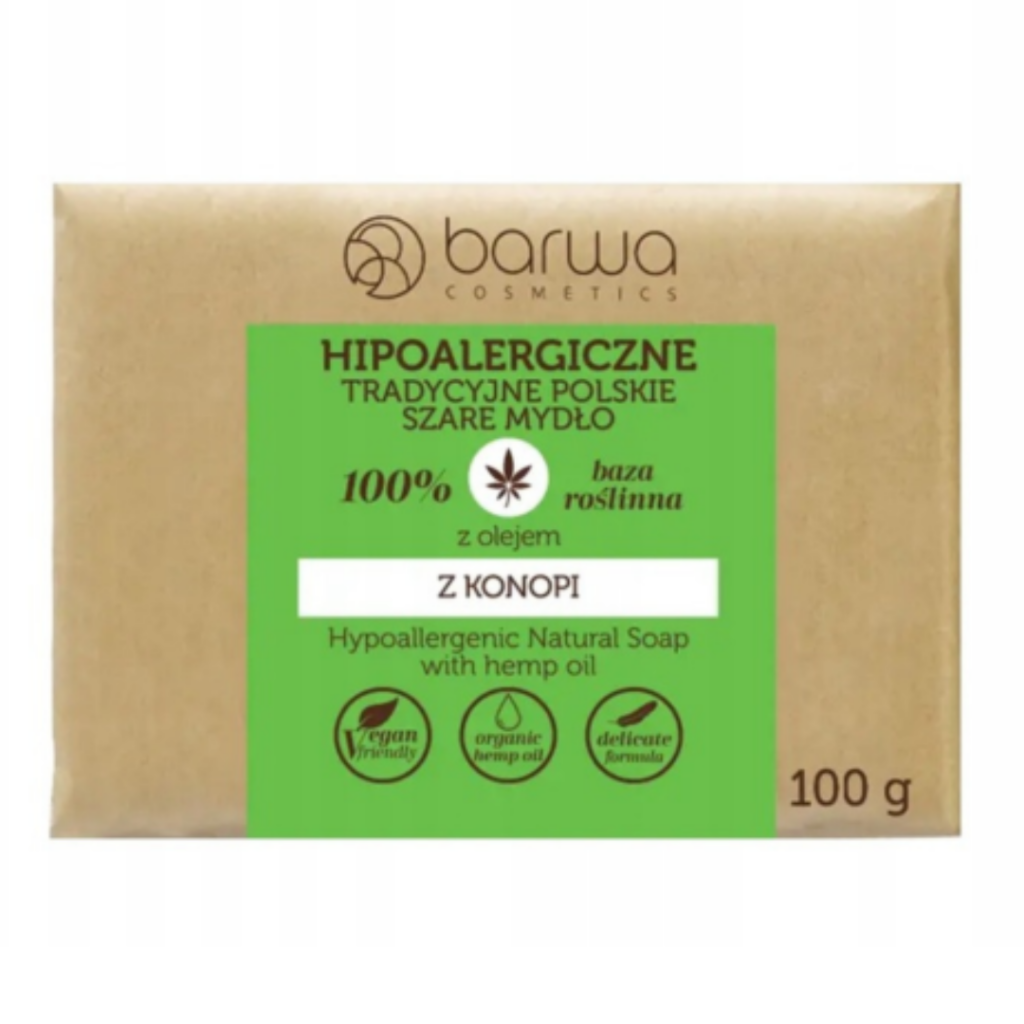 Barwa Hypoallergenic Traditional Polish Grey Soap with Hemp Oil 100g in eco-style kraft paper packaging with green label.