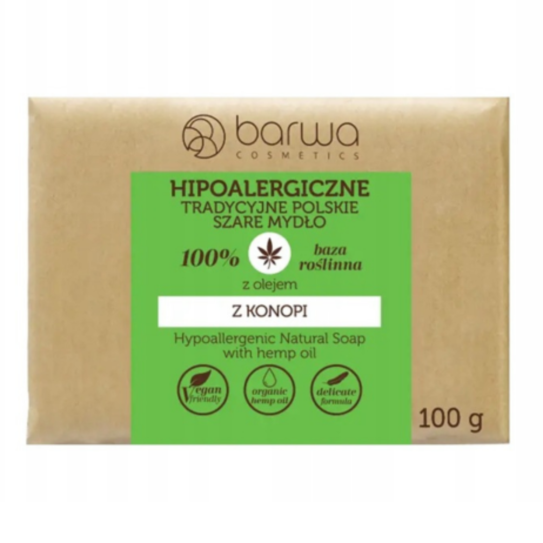 Barwa Hypoallergenic Traditional Polish Grey Soap with Hemp Oil 100g in eco-style kraft paper packaging with green label.