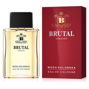 Brutal Classic Eau de Cologne in a clear glass bottle with a black cap, displayed beside a red branded fragrance box.