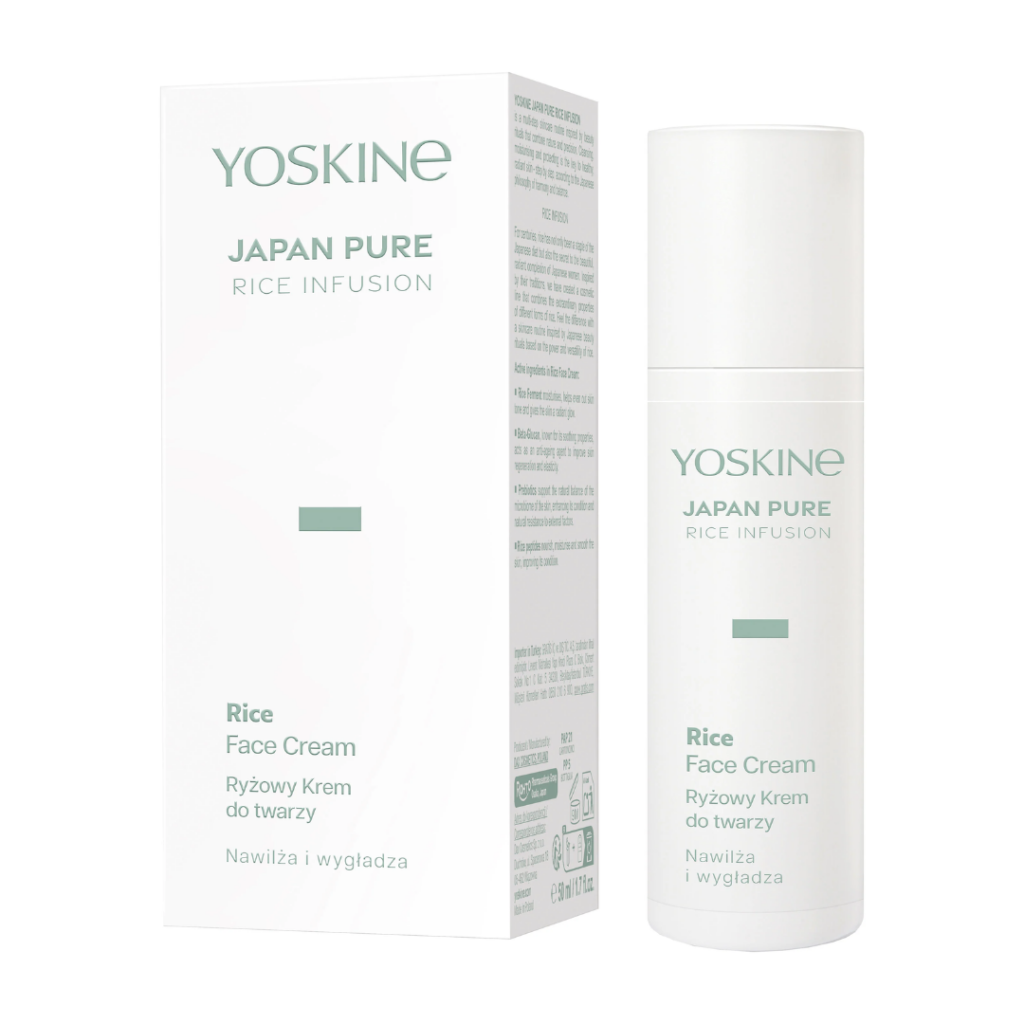 Yoskine Japan Pure Rice Infusion Rice Face Cream moisturizing facial cream in a white airless pump bottle with retail packaging.