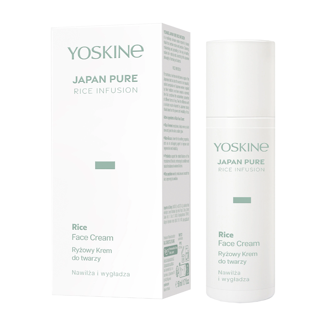 Yoskine Japan Pure Rice Infusion Rice Face Cream moisturizing facial cream in a white airless pump bottle with retail packaging.