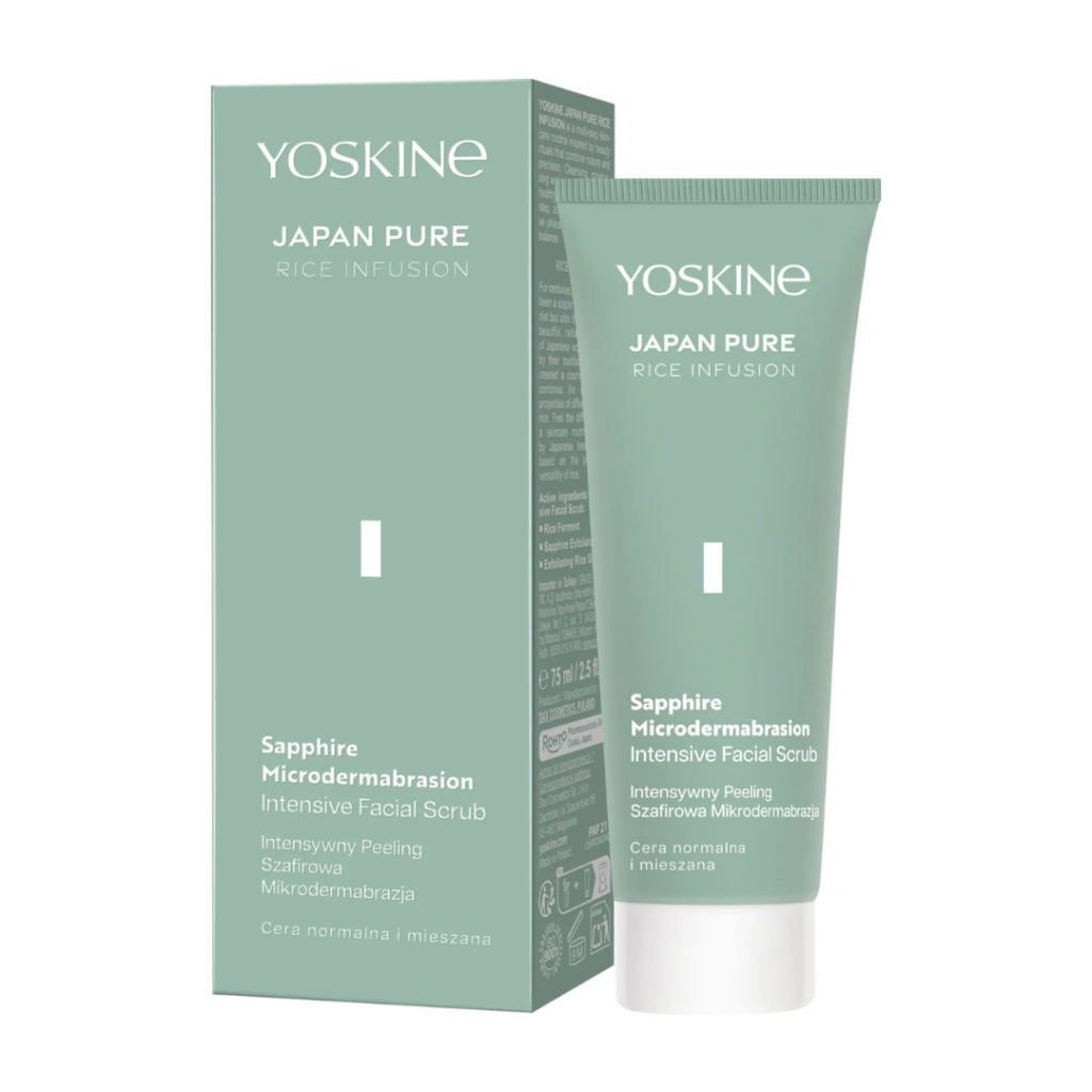 Yoskine Japan Pure Rice Infusion Sapphire Microdermabrasion Intensive Facial Scrub in a 75 ml tube with retail packaging
