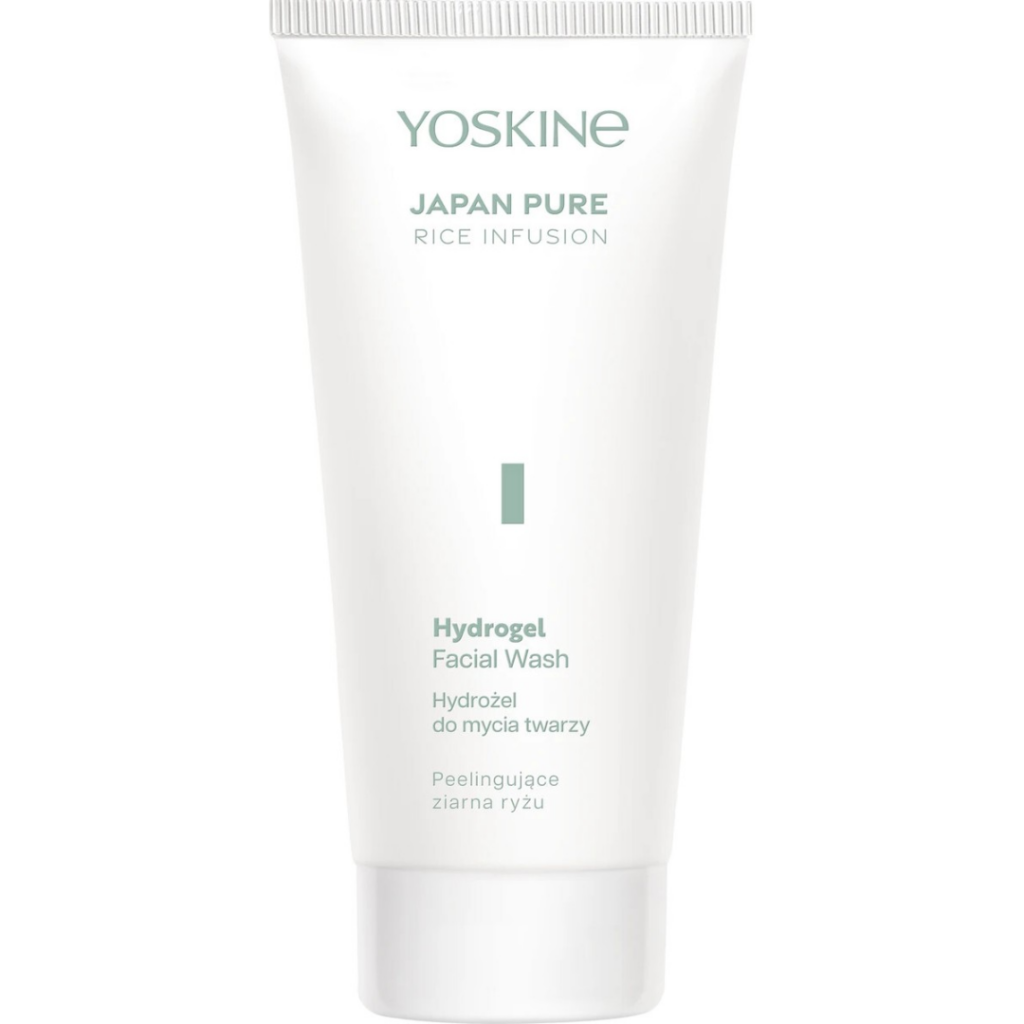Yoskine Japan Pure Rice Infusion Hydrogel Facial Wash with exfoliating rice grains in a white cleansing tube.