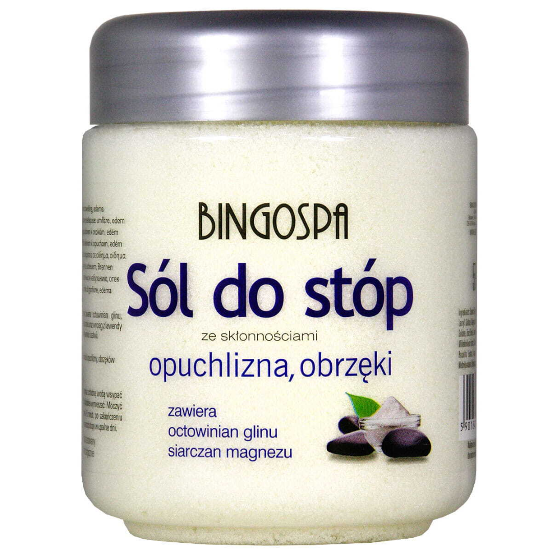 BingoSpa Foot Salt for swelling and edema-prone feet with magnesium sulfate and aluminum acetate in a large plastic jar.