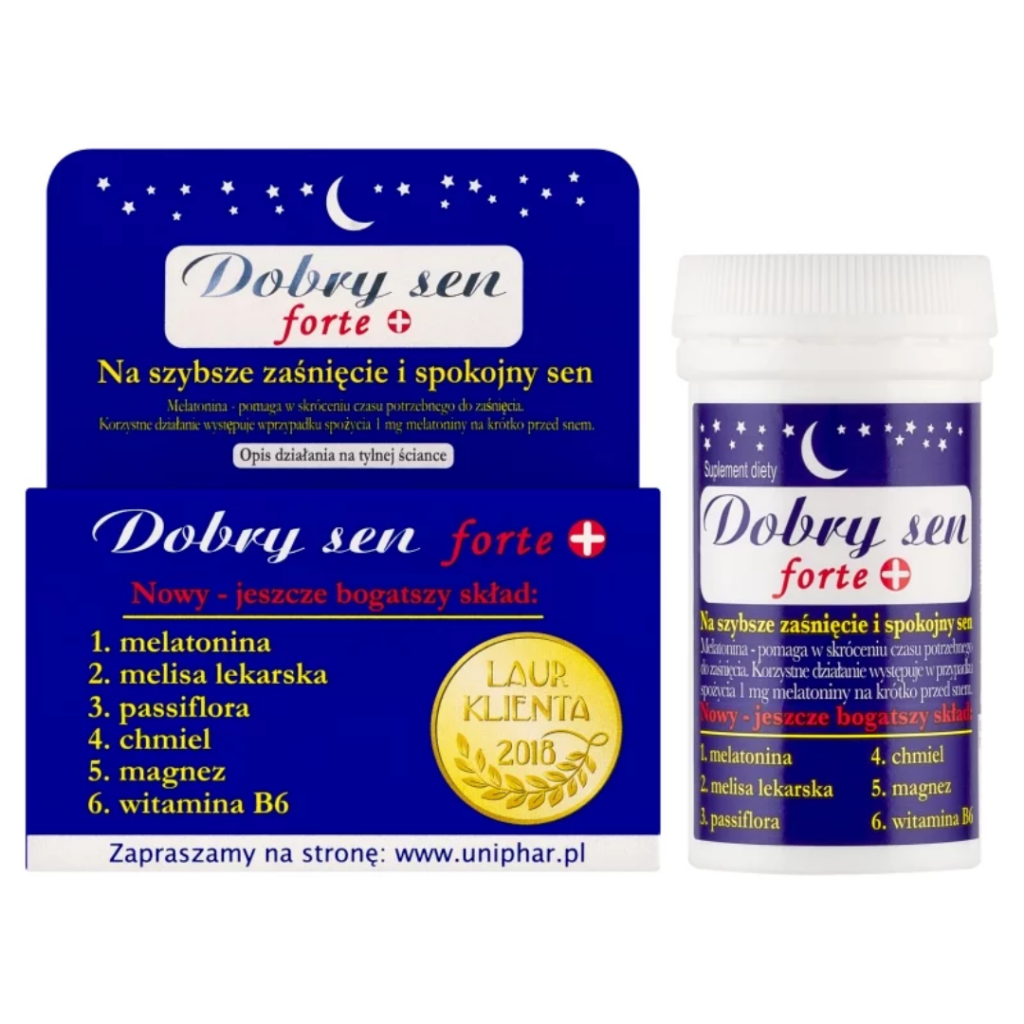 Uniphar Dobry Sen Forte+ sleep support dietary supplement with melatonin, lemon balm, passionflower, hops, magnesium, and vitamin B6.