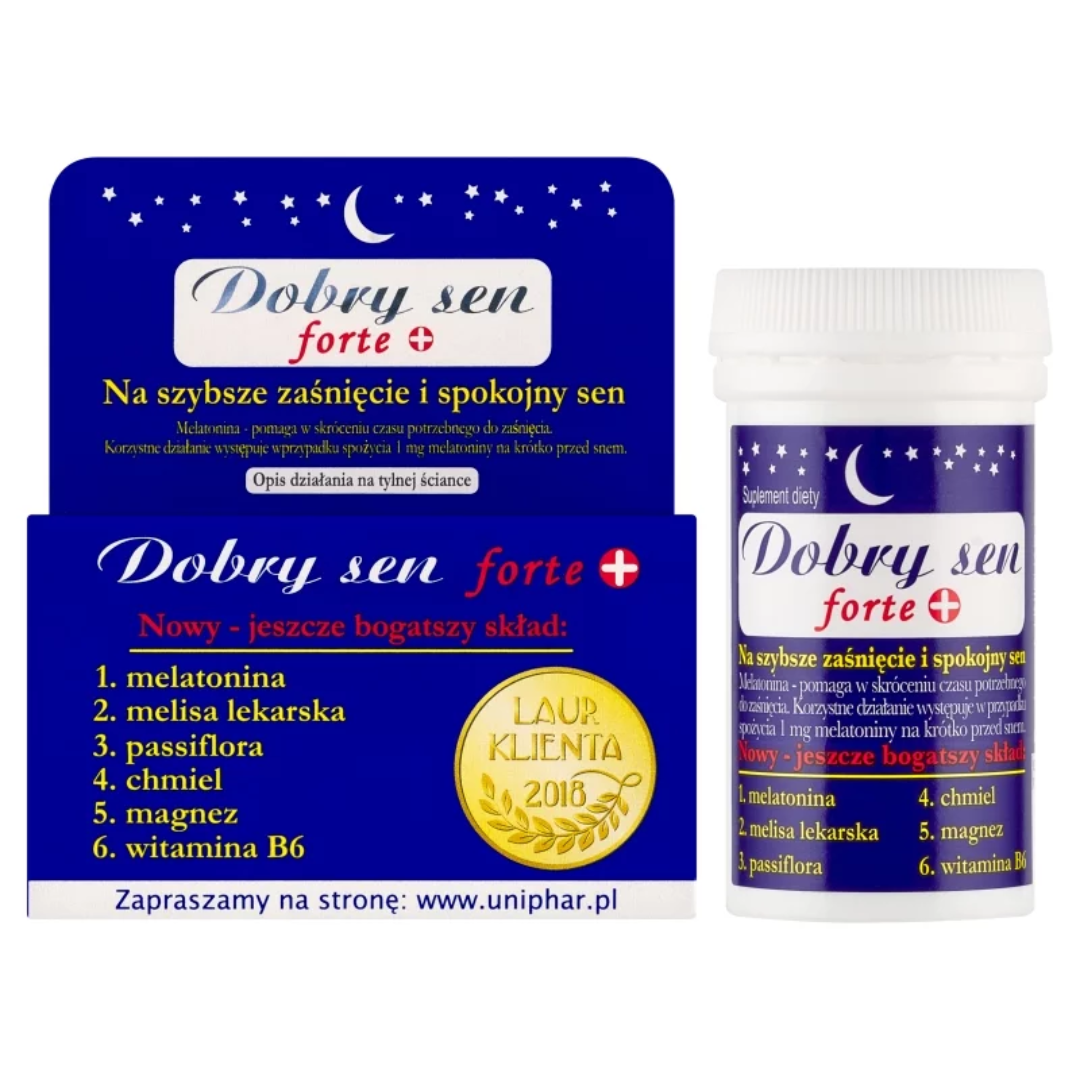 Uniphar Dobry Sen Forte+ sleep support dietary supplement with melatonin, lemon balm, passionflower, hops, magnesium, and vitamin B6.