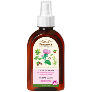 Green Pharmacy Herbal Elixir strengthening spray against hair loss in an amber bottle with herbal extracts for scalp and hair care.