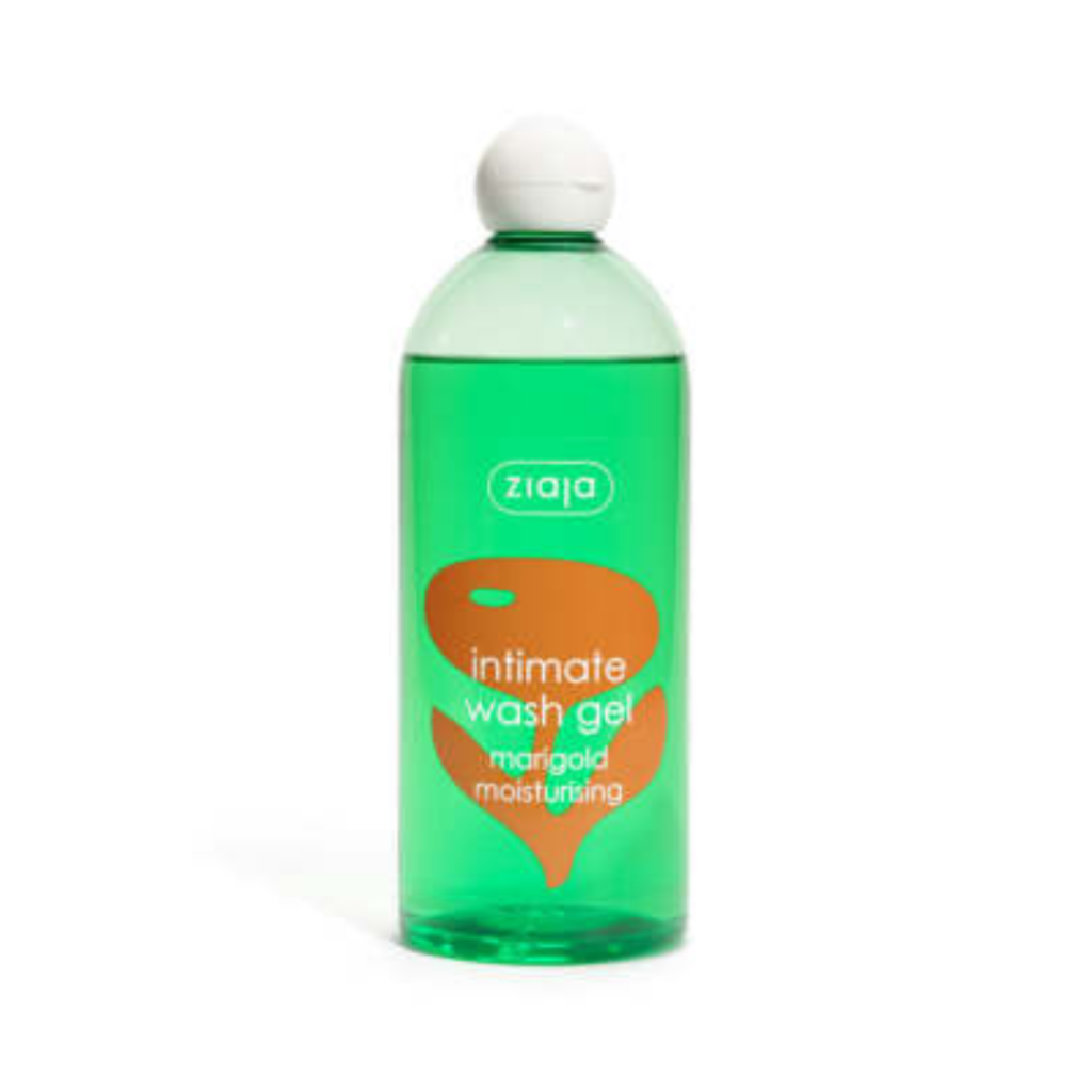 Ziaja Intimate Wash Gel Marigold Moisturising in a green bottle with a white cap.