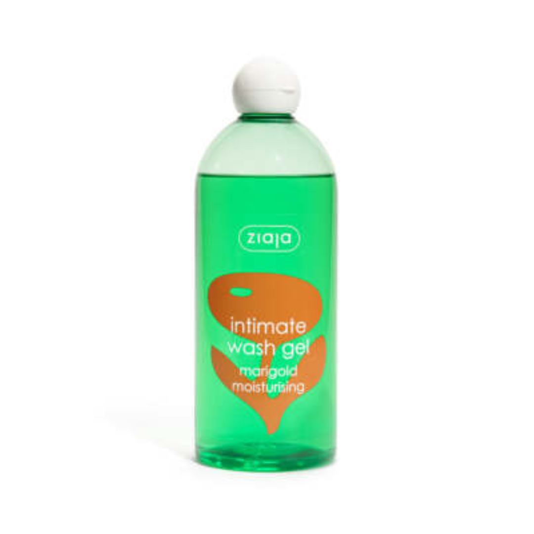 Ziaja Intimate Wash Gel Marigold Moisturising in a green bottle with a white cap.