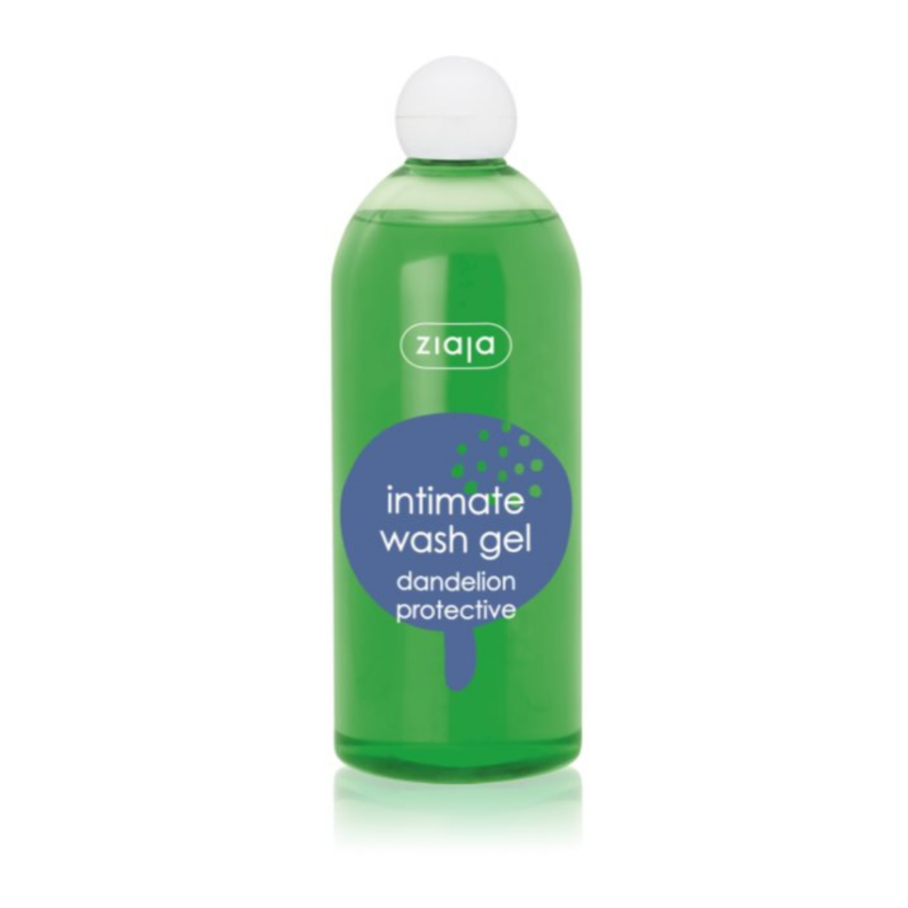 Ziaja Intimate Wash Gel Dandelion Protective in a green bottle with a white cap.