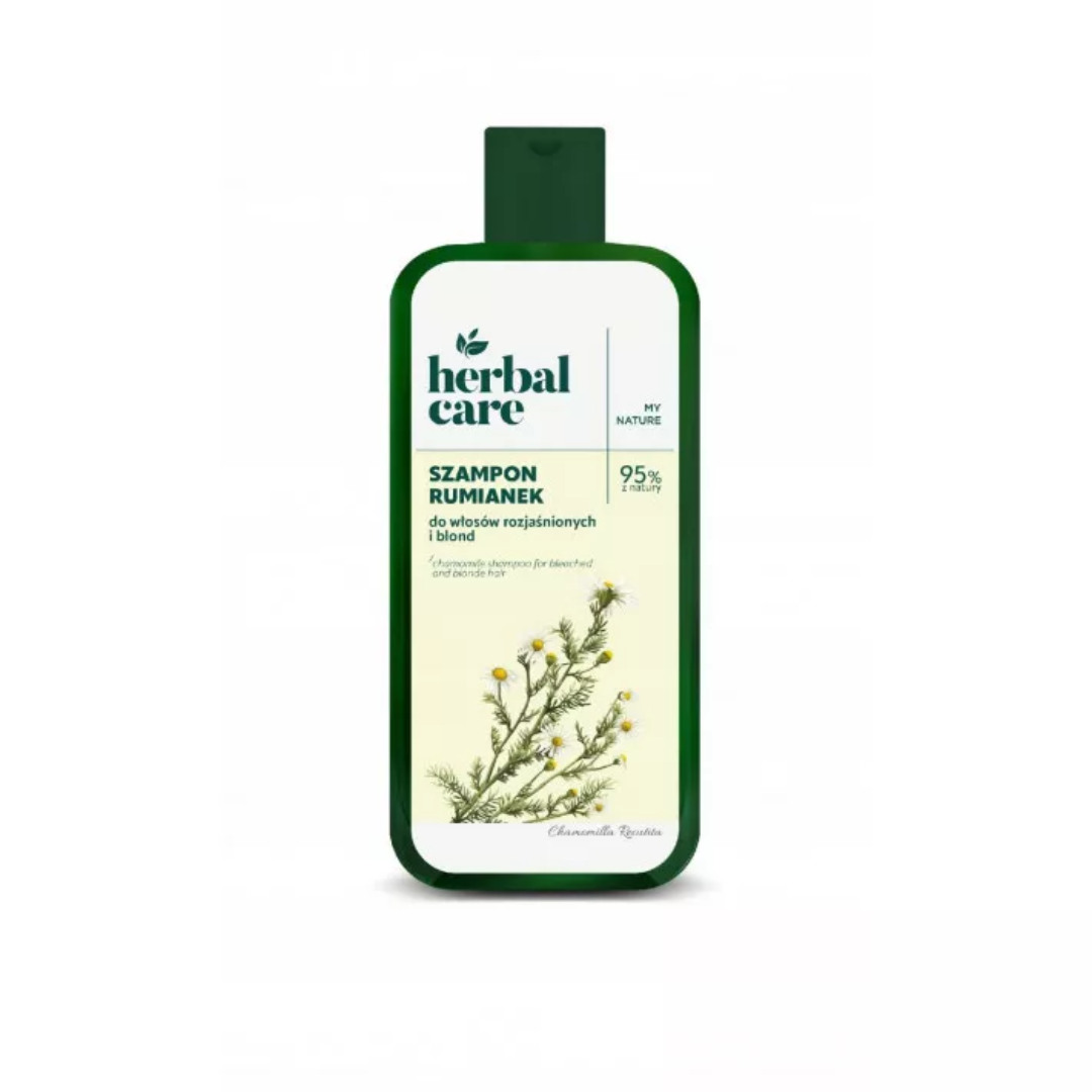 Herbal Care Chamomile Shampoo for blonde and lightened hair in a green bottle.