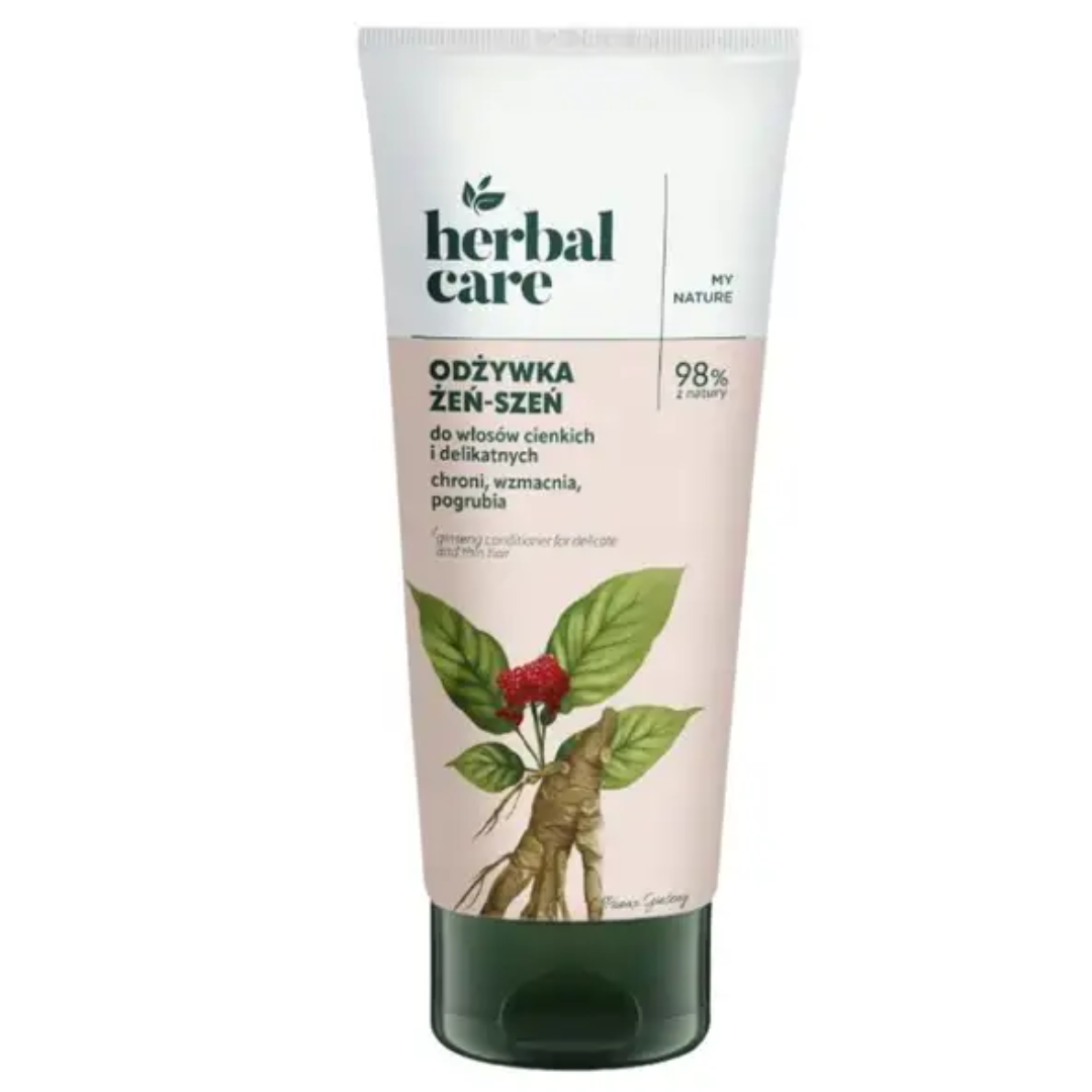 Herbal Care Ginseng Conditioner for fine and delicate hair in a white squeeze tube with a dark green cap.