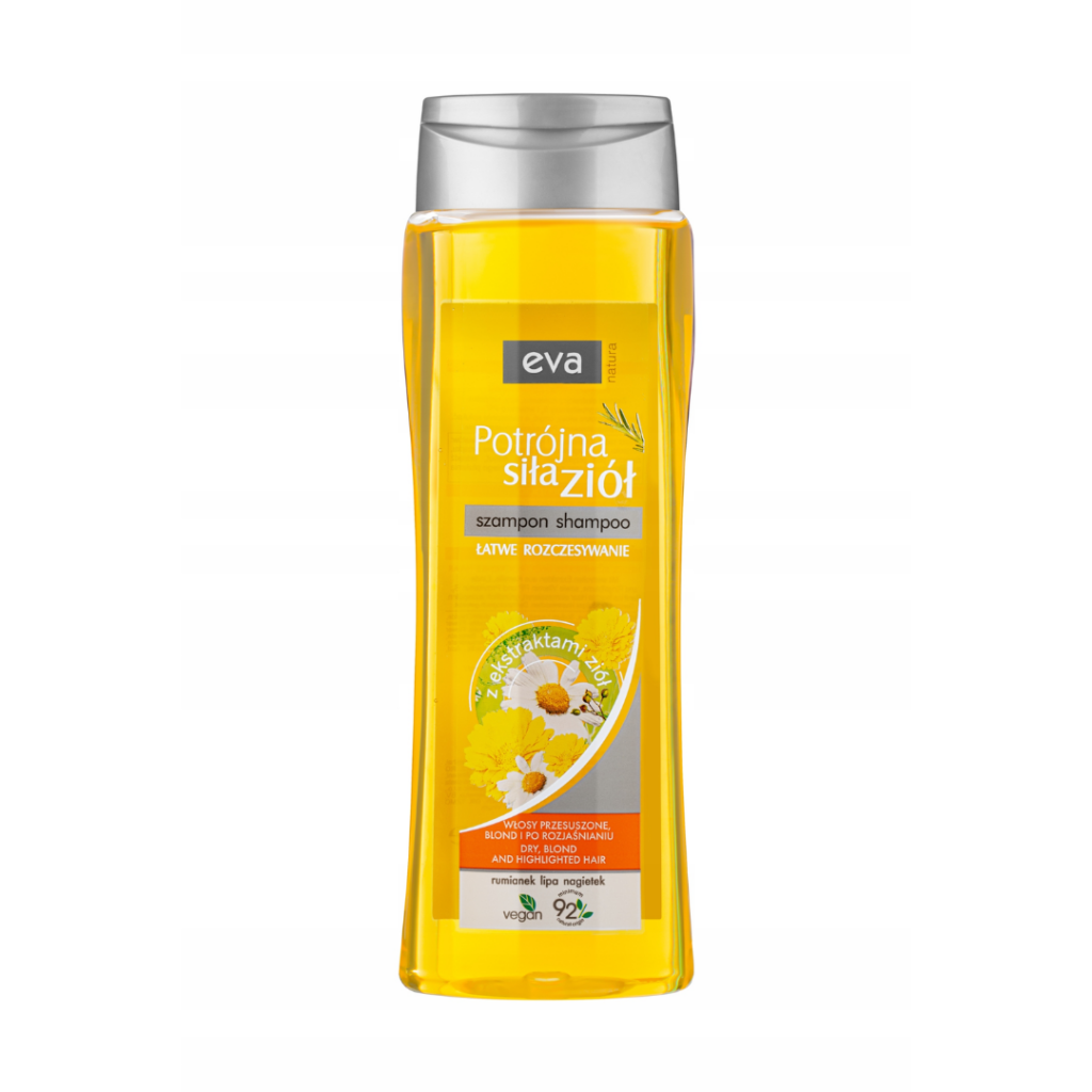 Eva Natura Triple Power Herbs Shampoo for dry, blonde and highlighted hair in a yellow bottle.