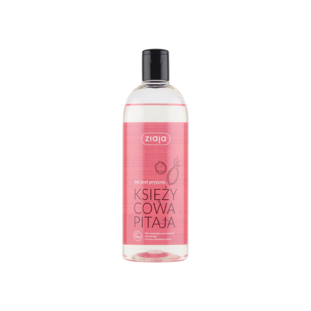 Ziaja Moon Pitaya Shower Gel in a clear bottle with a black flip-top cap and pink label.
