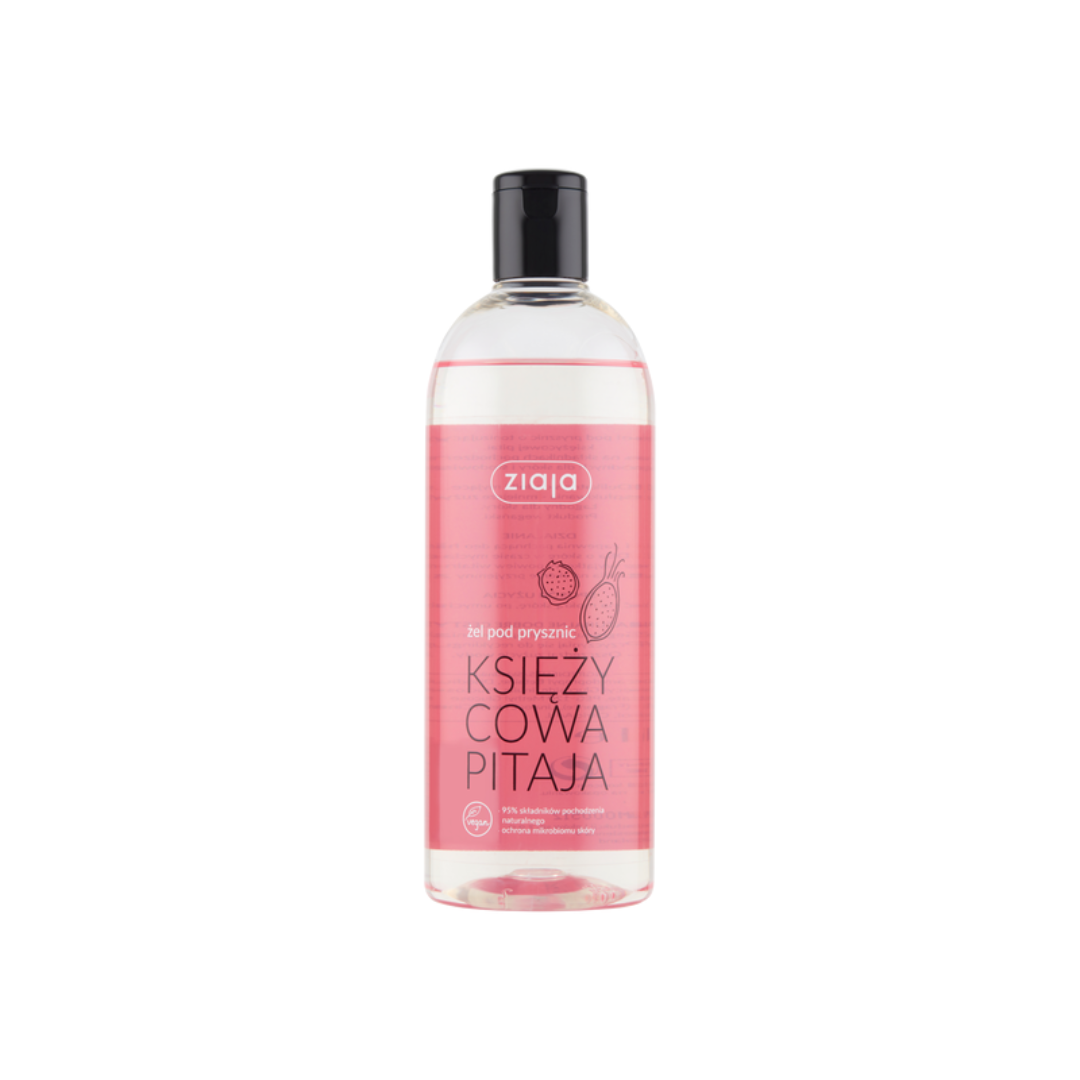 Ziaja Moon Pitaya Shower Gel in a clear bottle with a black flip-top cap and pink label.