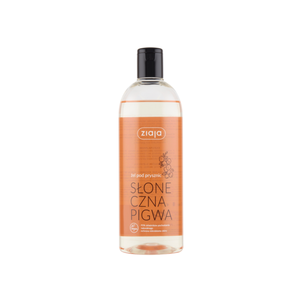 Ziaja Salty Quince Shower Gel in a clear bottle with a black flip-top cap and orange label.
