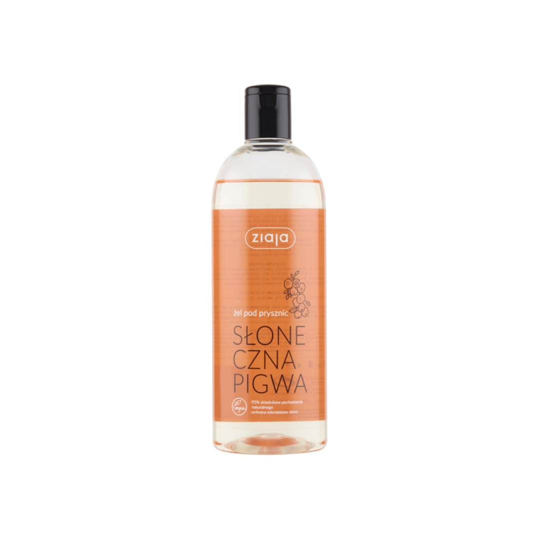 Ziaja Salty Quince Shower Gel in a clear bottle with a black flip-top cap and orange label.
