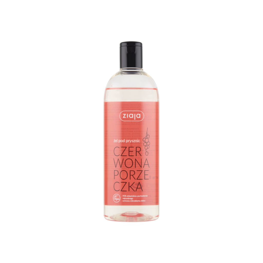 Ziaja Red Currant Shower Gel in a clear bottle with a black flip-top cap and pink label.