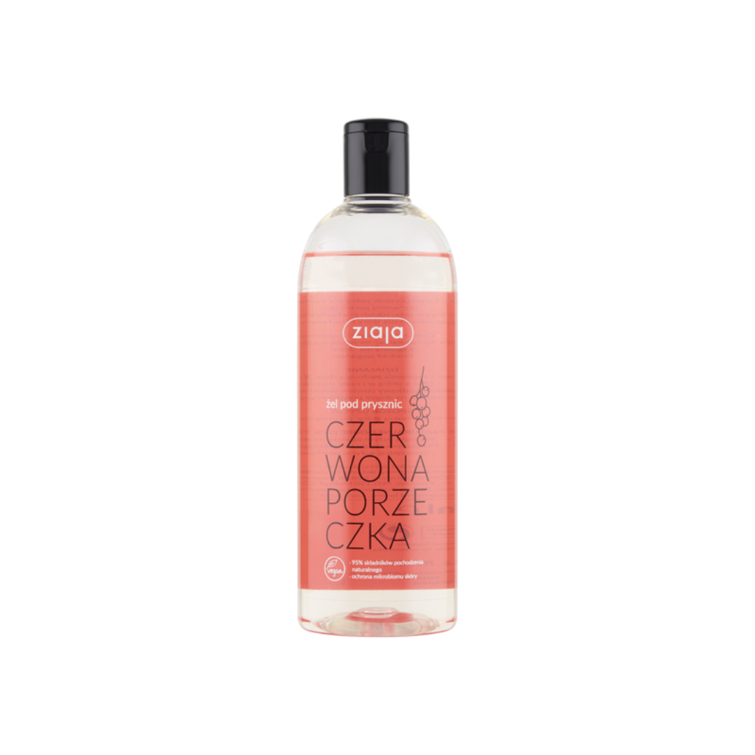 Ziaja Red Currant Shower Gel in a clear bottle with a black flip-top cap and pink label.