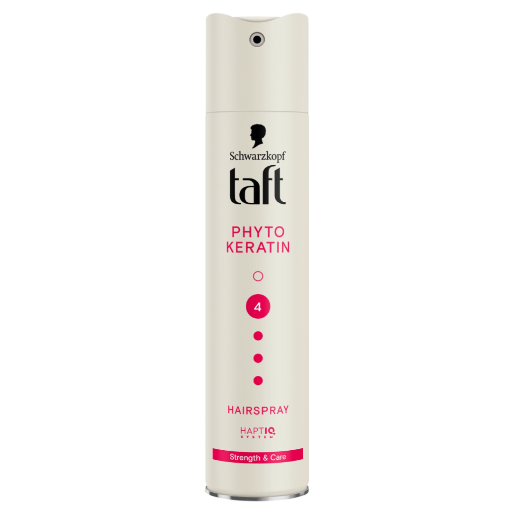 Schwarzkopf Taft Phyto Keratin Strength & Care Hairspray Hold Level 4 aerosol can.