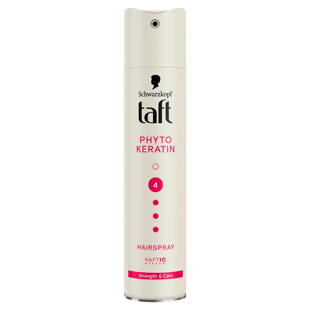 Schwarzkopf Taft Phyto Keratin Strength & Care Hairspray Hold Level 4 aerosol can.