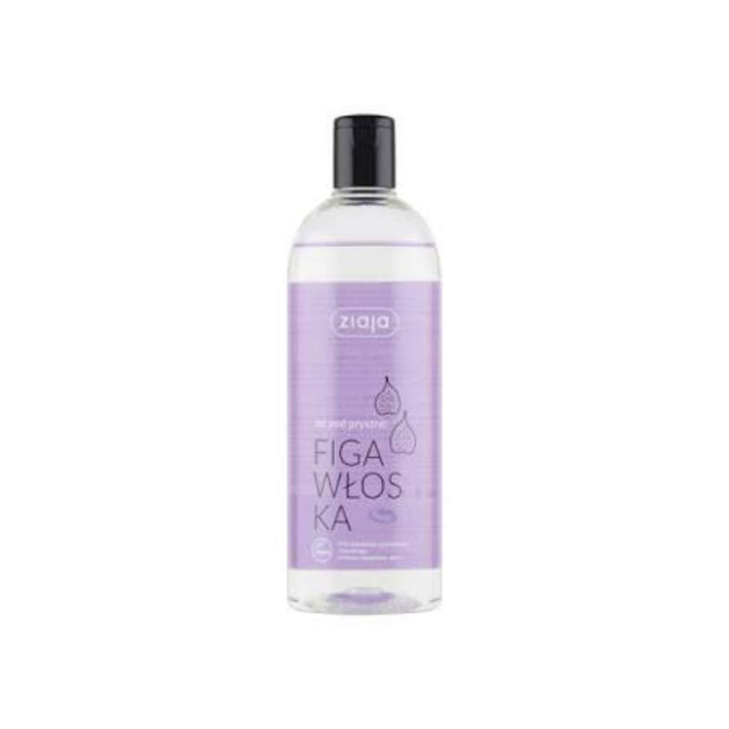 Ziaja Purple Fig Shower Gel in a clear bottle with a black flip-top cap and purple label.