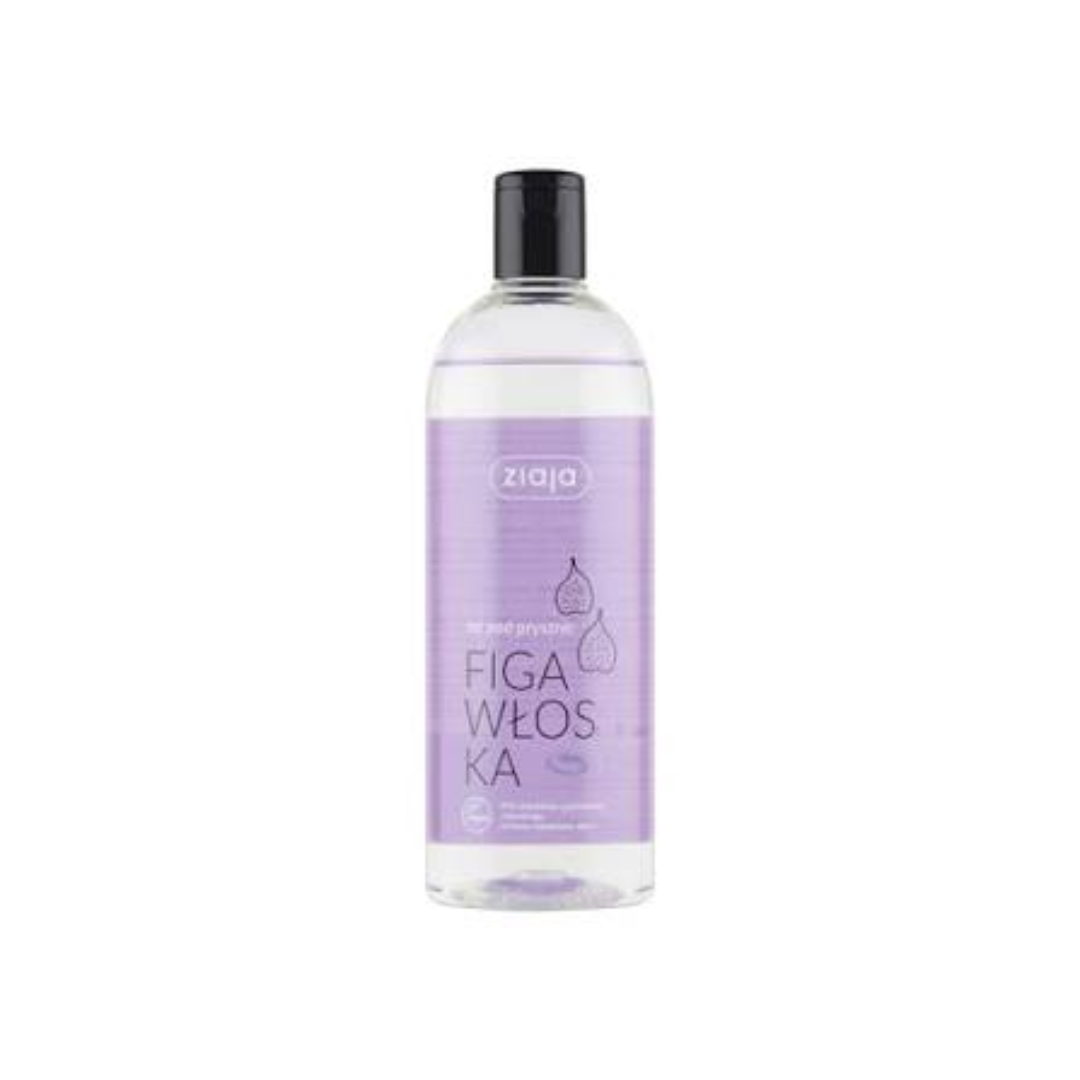 Ziaja Purple Fig Shower Gel in a clear bottle with a black flip-top cap and purple label.