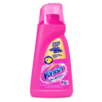 Vanish Oxi Action Gel Stain Remover for Colours 1L in a pink bottle with measuring cap.