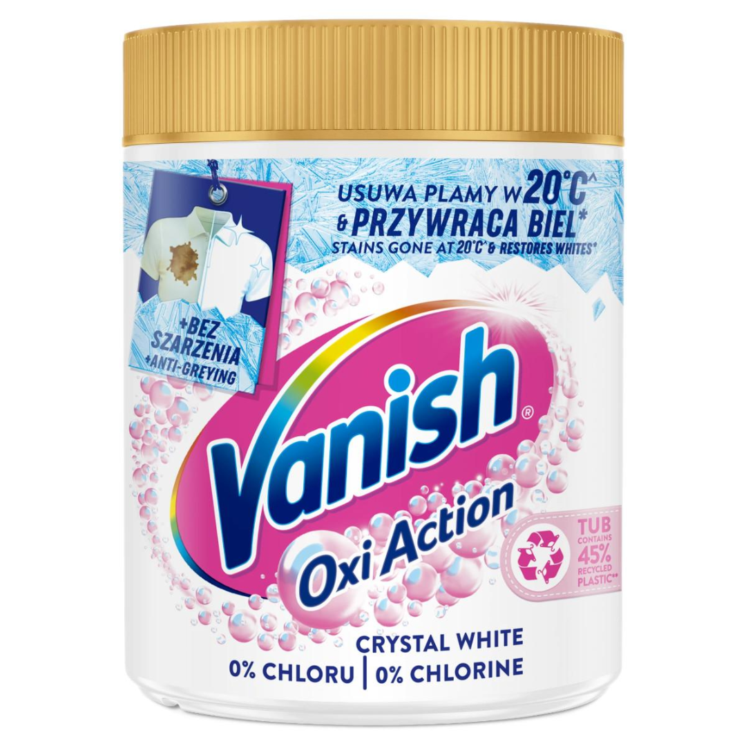 Vanish Oxi Action Crystal White stain remover powder for whites in a white tub with a gold lid.