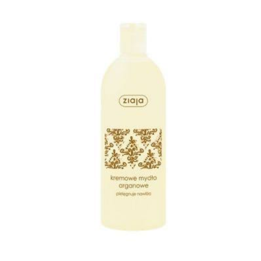 Ziaja Argan Creamy Soap in a cream-coloured bottle with a decorative brown label.
