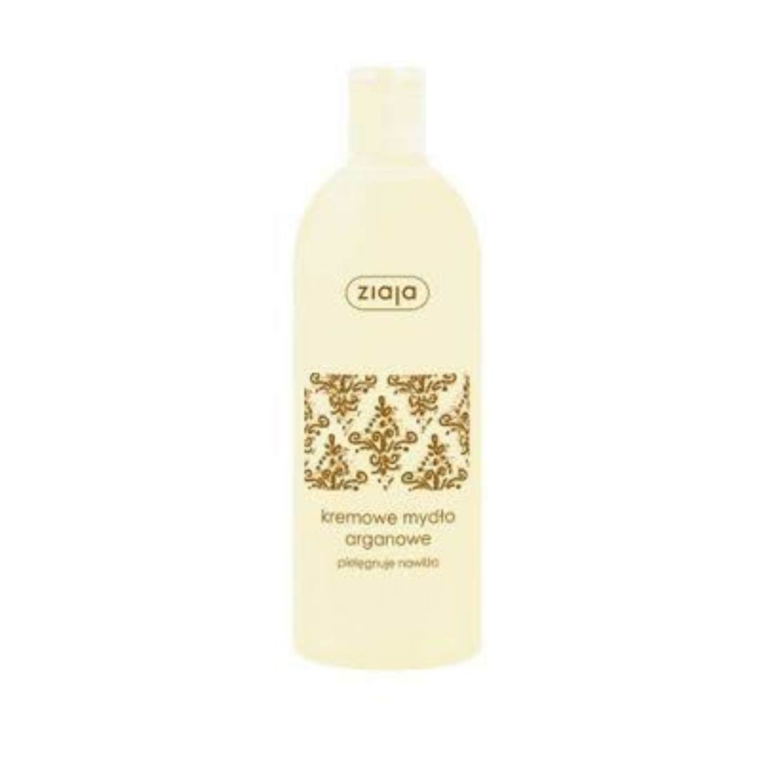 Ziaja Argan Creamy Soap in a cream-coloured bottle with a decorative brown label.