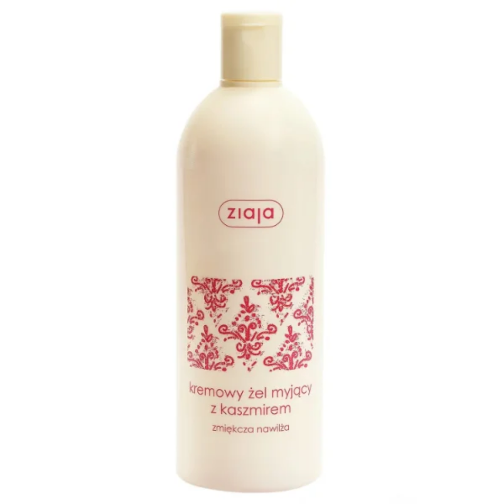 Ziaja Cashmere Creamy Wash Gel in a cream-coloured bottle with a red decorative label.