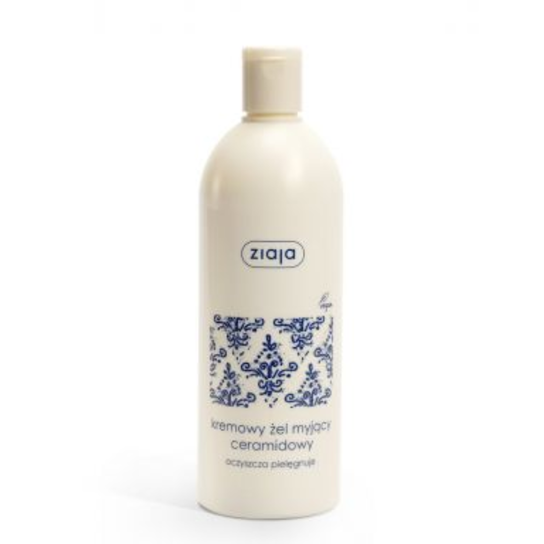 Ziaja Ceramide Creamy Wash Gel in a cream-coloured bottle with a blue decorative label.