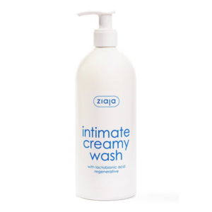 Ziaja Intimate Creamy Wash with Lactobionic Acid in a white pump bottle.