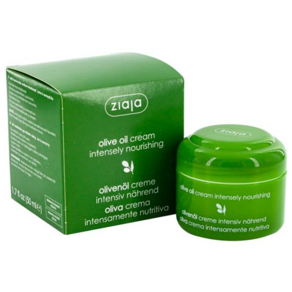 Ziaja Olive Oil Cream Intensely Nourishing 50ml in a green jar with matching green box.