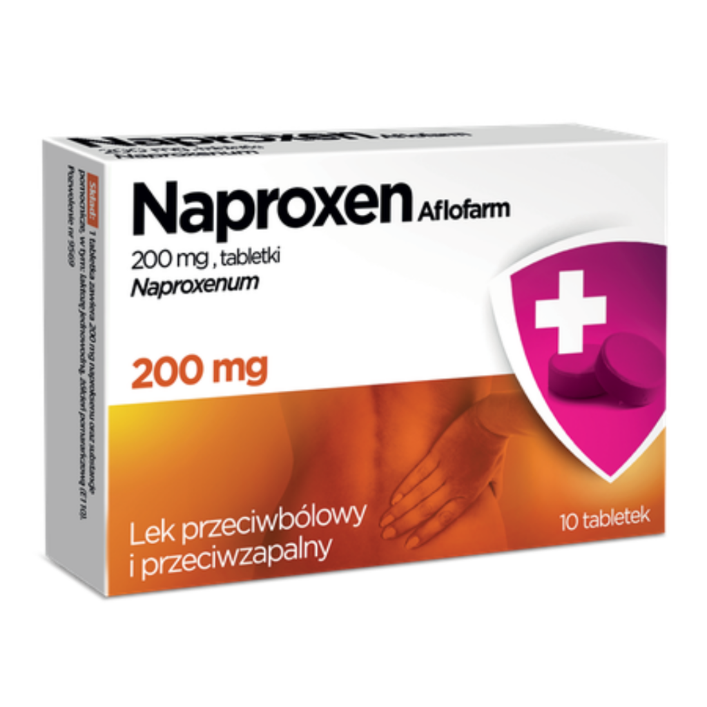 Naproxen Aflofarm 200mg tablets, 10-tablet pack for pain and inflammation relief.