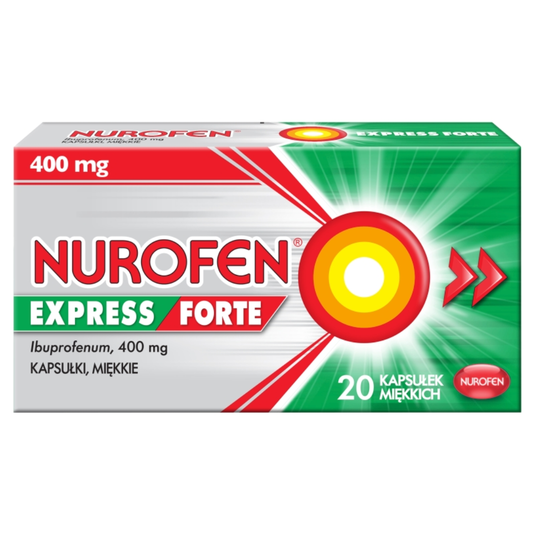 Nurofen Express Forte 400mg ibuprofen soft capsules, 20-capsule pack.