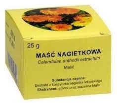 Calendula Ointment (Maść Nagietkowa) 25g yellow box with marigold flowers.