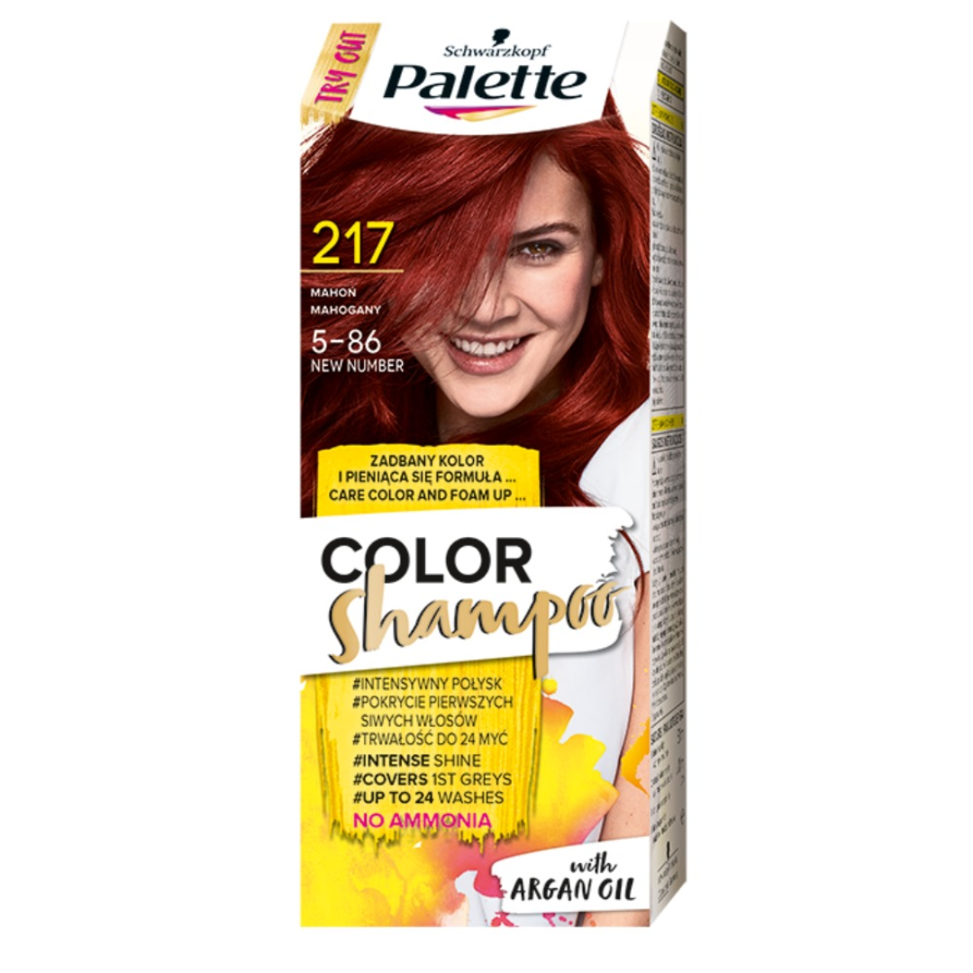 Schwarzkopf Palette Color Shampoo 217 Mahogany hair color box with argan oil and ammonia-free formula