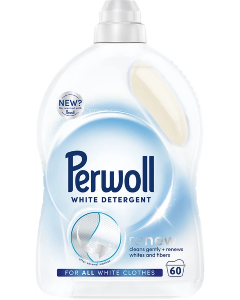 Perwoll Renew White liquid laundry detergent bottle for white clothes, featuring gentle cleaning and fabric renewal formula, 60 washes, white and blue packaging.