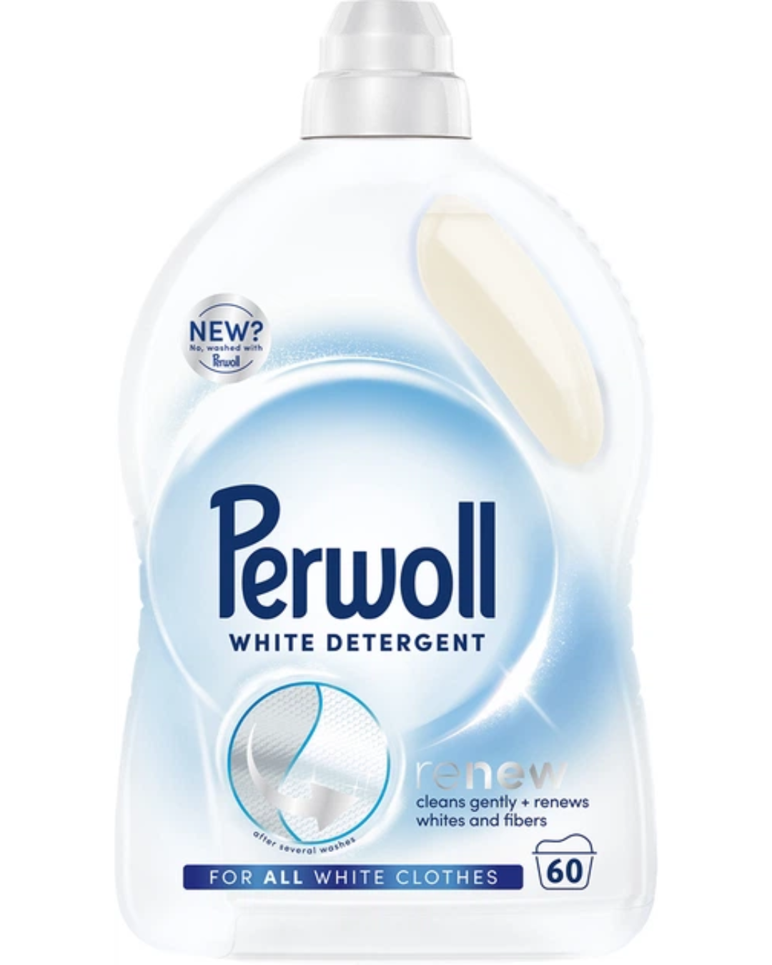 Perwoll Renew White liquid laundry detergent bottle for white clothes, featuring gentle cleaning and fabric renewal formula, 60 washes, white and blue packaging.