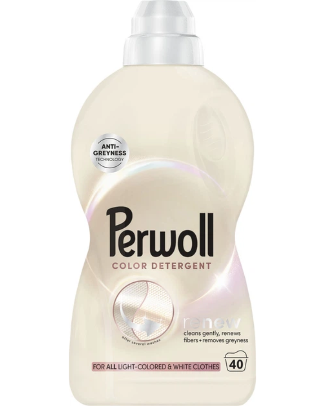 Perwoll Renew Color liquid laundry detergent bottle with Anti-Greyness Technology for light-colored and white clothes, gentle fabric cleaning and fiber renewal, 40 washes, cream and pink packaging.