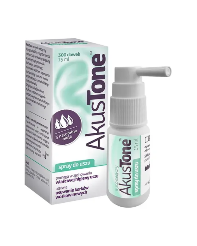 AkusTone Ear Spray 15 ml with 3 natural oils for earwax removal and ear hygiene, 300-dose spray bottle with white applicator displayed beside green and purple product packaging.