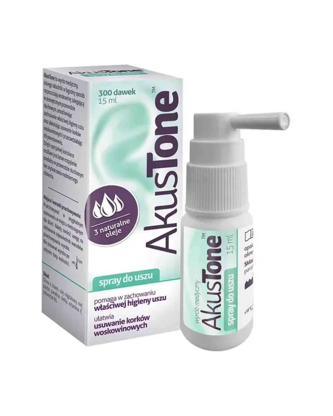 AkusTone Ear Spray 15 ml with 3 natural oils for earwax removal and ear hygiene, 300-dose spray bottle with white applicator displayed beside green and purple product packaging.