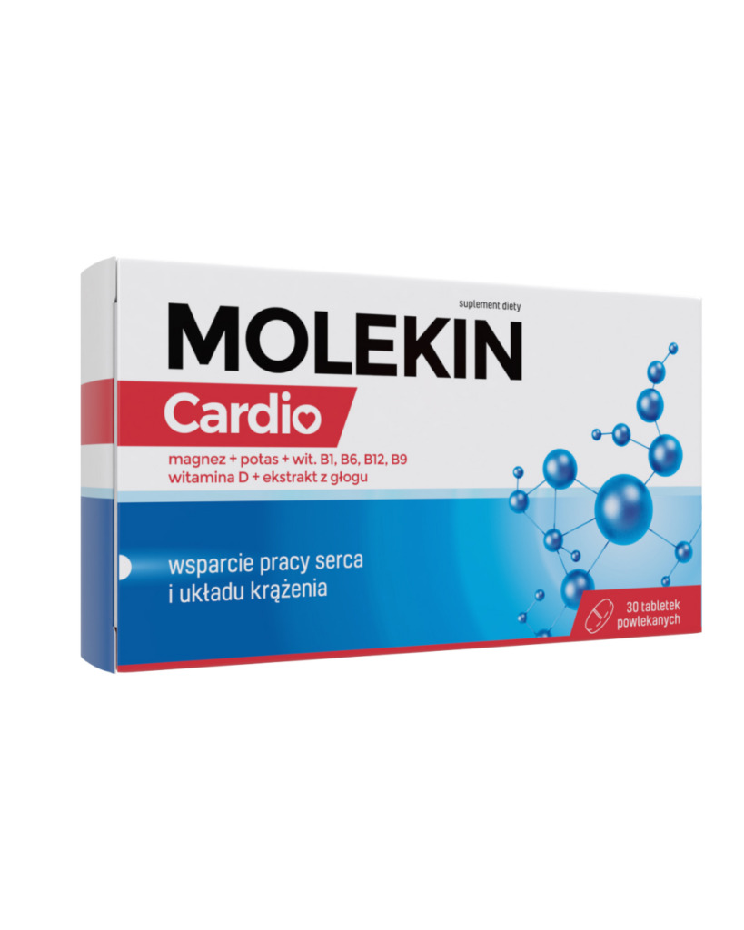 Molekin Cardio heart and circulation support dietary supplement, 30 coated tablets with magnesium, potassium, vitamins B1, B6, B12, B9, vitamin D and hawthorn extract, white blue and red packaging.