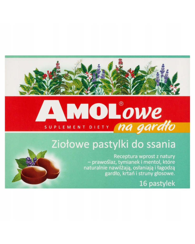 Amolowe Herbal Throat Lozenges 16 count with marshmallow root, thyme and menthol, soothing throat and vocal cord care dietary supplement in red and mint green packaging.