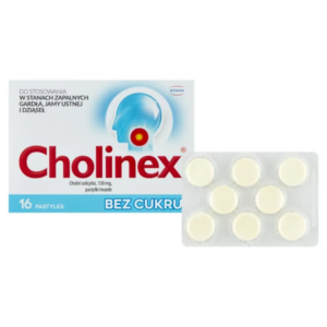 Cholinex Sugar-Free 150 mg medicated throat lozenges, 16 count, containing choline salicylate for inflammatory throat, mouth and gum conditions, STADA blue and white packaging with blister pack.